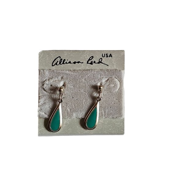 Vintage ALLISON REED Blue Green Tear Drop Dangle Silver Tone PIERCED EARRINGS - Picture 3 of 7